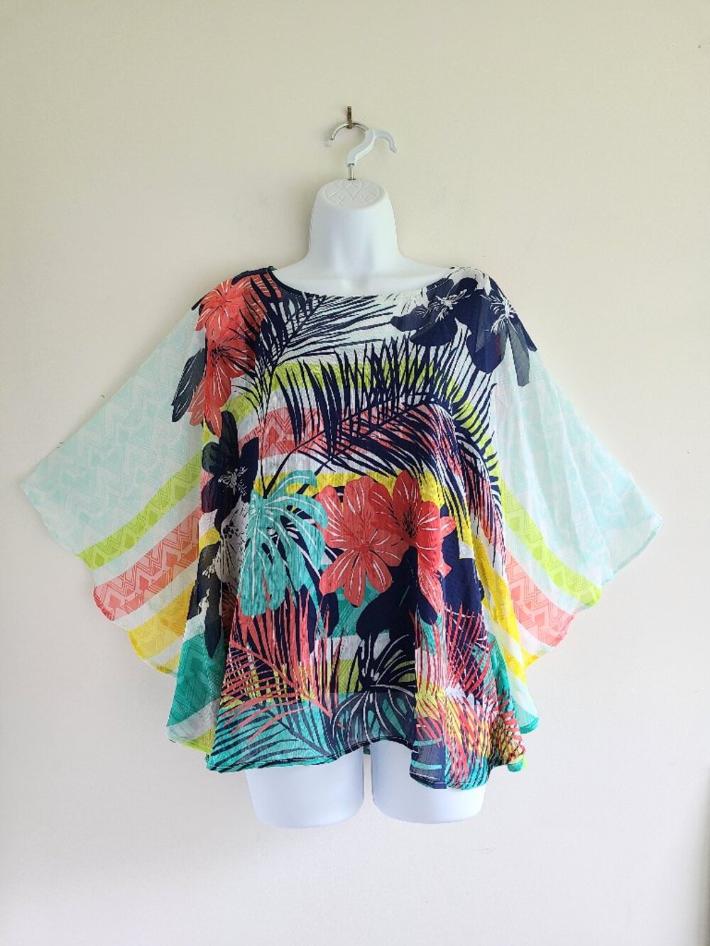 CLEARANCE Ruby Rd Top XL Colorful Scarf Blouse Poncho Tropical Floral Sheer